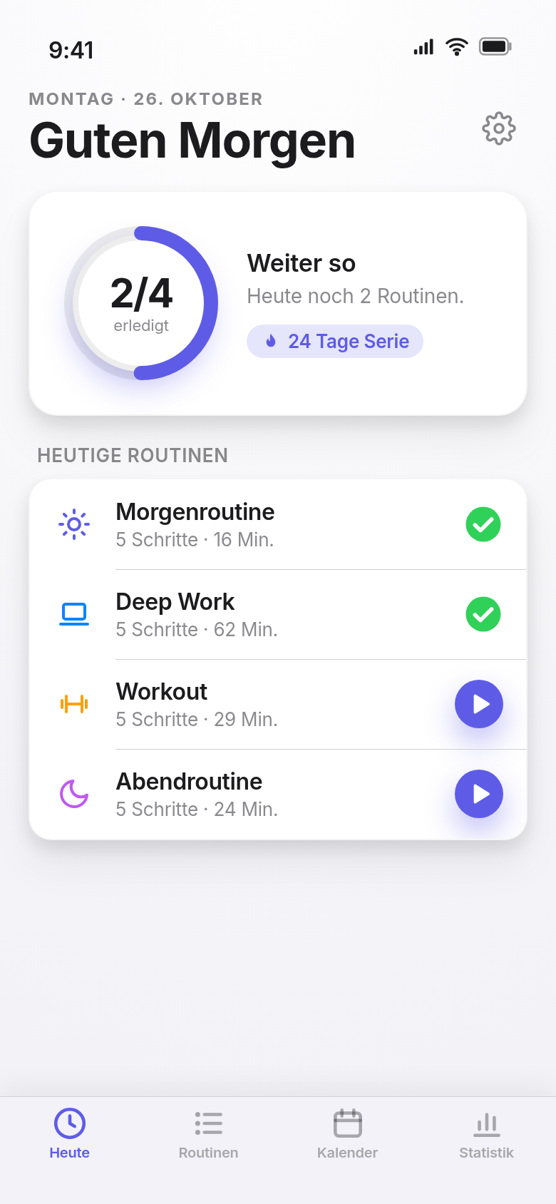 TimeRoutine Heute-Ansicht mit Fortschrittsring