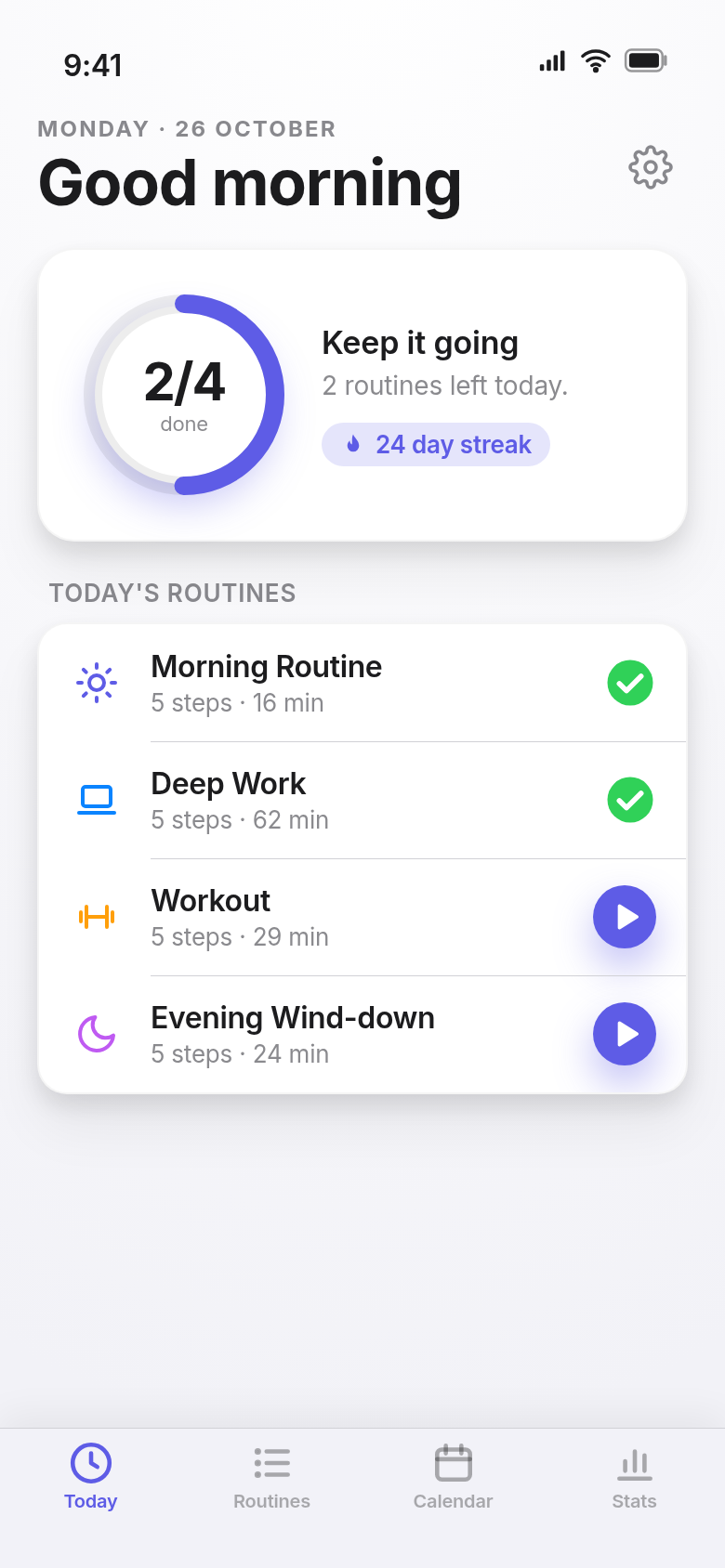 TimeRoutine Today view with progress ring